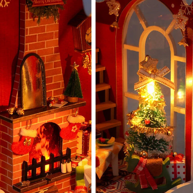DIY Christmas Book Nook Cabin Kit — Miniature Wooden Bookshelf Insert with Touch Light | Festive Bookstand Craft & Decoration