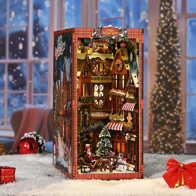 DIY Wooden Book Nook Kit – Christmas Street Corner Miniature Bookend with Light