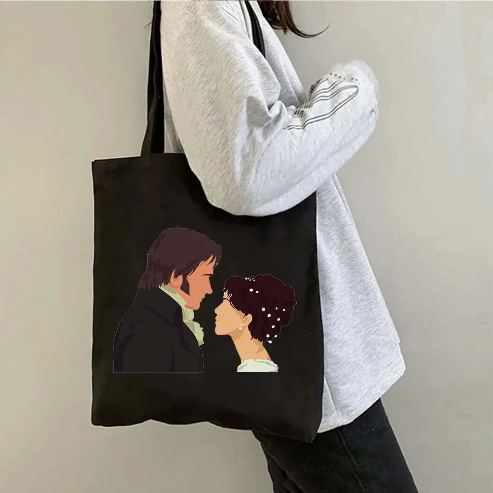 “More Pride, Less Prejudice” Canvas Tote — Jane Austen Cartoon Print