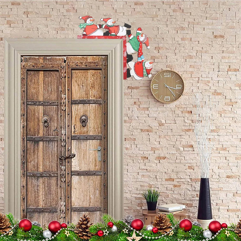 Christmas Wooden Corner Snowman Decoration — Cute Cartoon Snowmen for Shelves, Door Frames & Bookcases | Festive Wooden Ornament