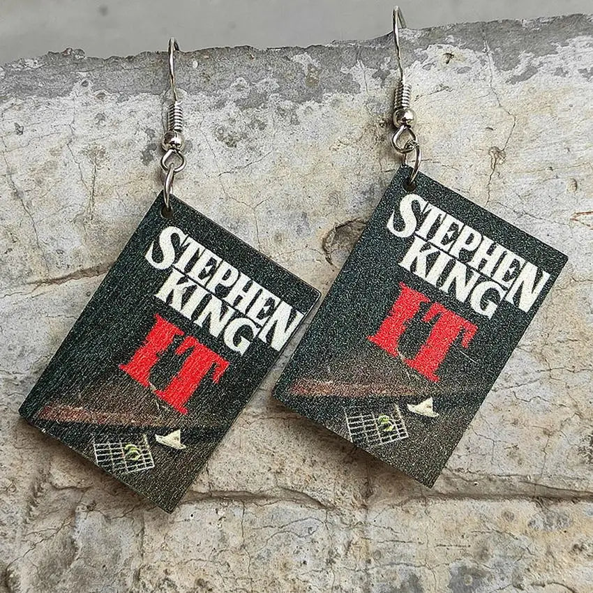 Horror Novel Book Earrings — Wooden Halloween Drop Earrings for Book Lovers & Spooky Style Fans