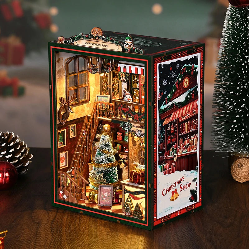 DIY Wooden Christmas Shop Book Nook Kit — Festive Miniature 3D Bookshelf Diorama | Handmade Craft & Bookend Decoration