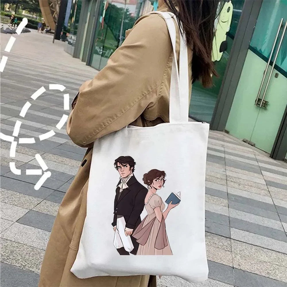 “More Pride, Less Prejudice” Canvas Tote — Jane Austen Cartoon Print
