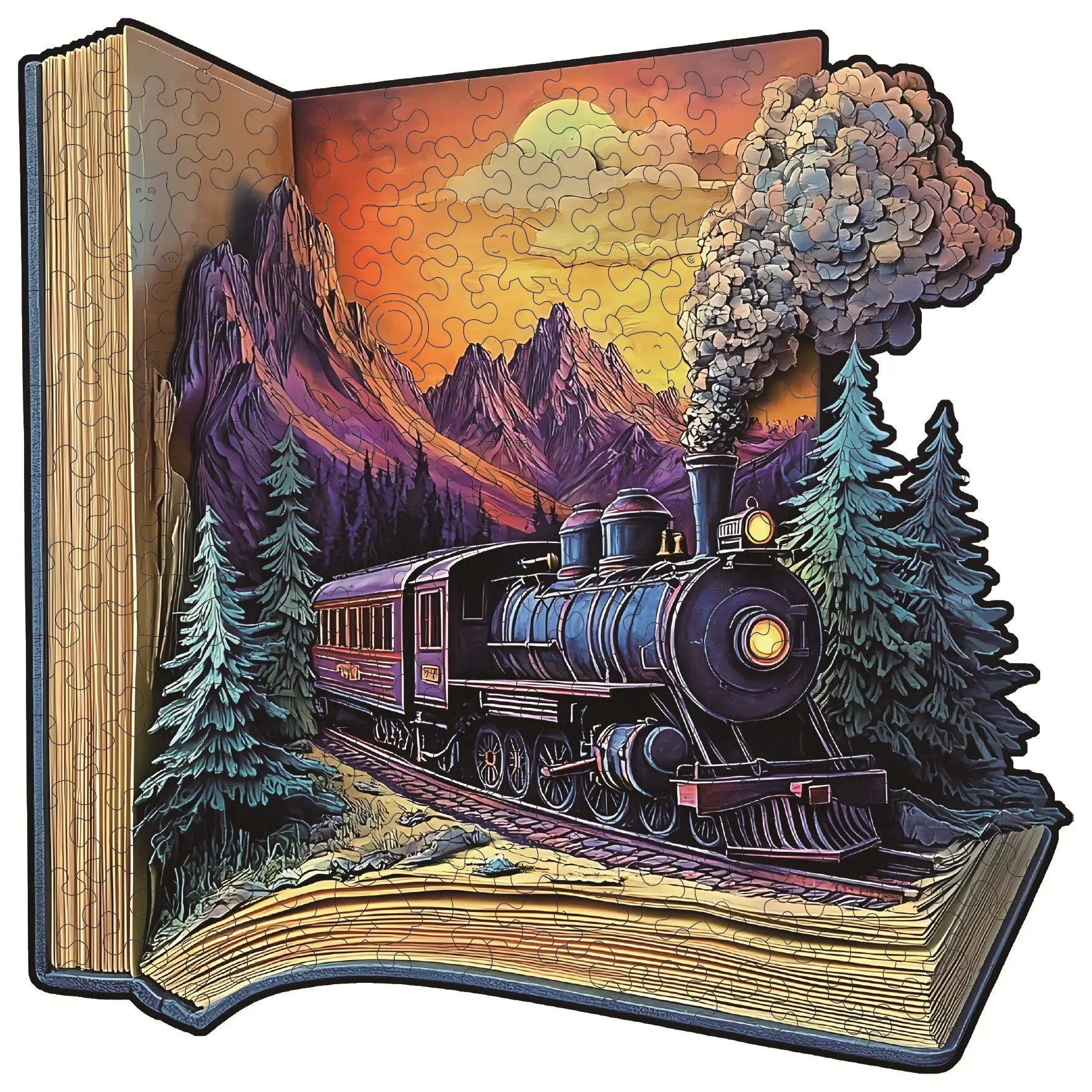 “Train in the Book” Wooden Jigsaw Puzzle — Artistic Modern Décor