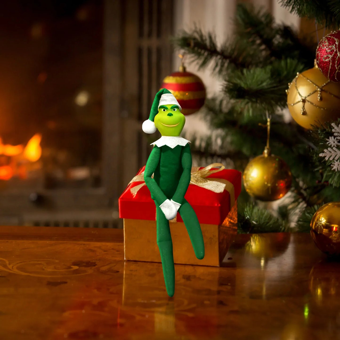 Grinch-Style Christmas Shelf Ornament – Festive Sitting Decoration (Red or Green)