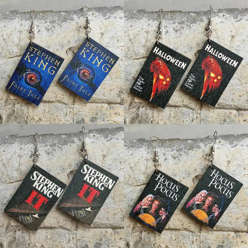 Horror Novel Book Earrings — Wooden Halloween Drop Earrings for Book Lovers & Spooky Style Fans