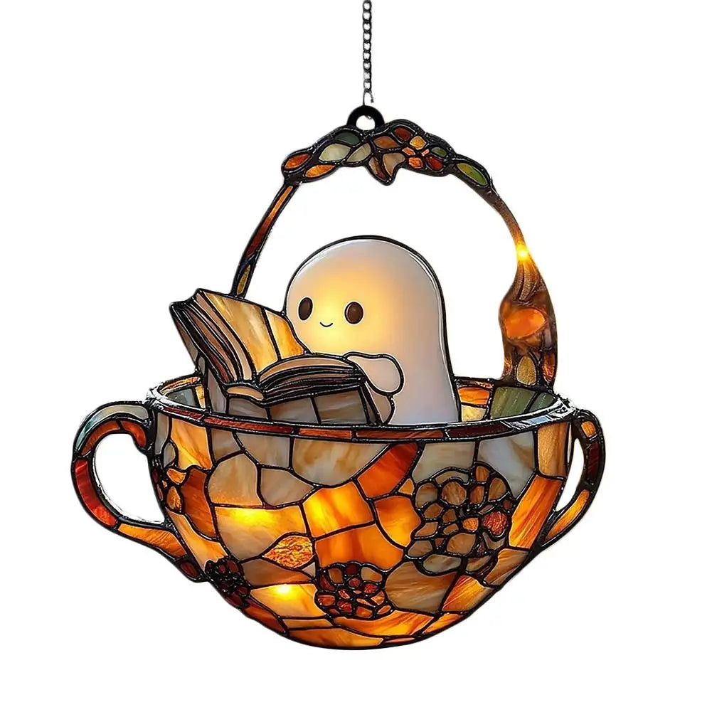 Halloween Reading Ghost Suncatcher — Acrylic Window Pendant