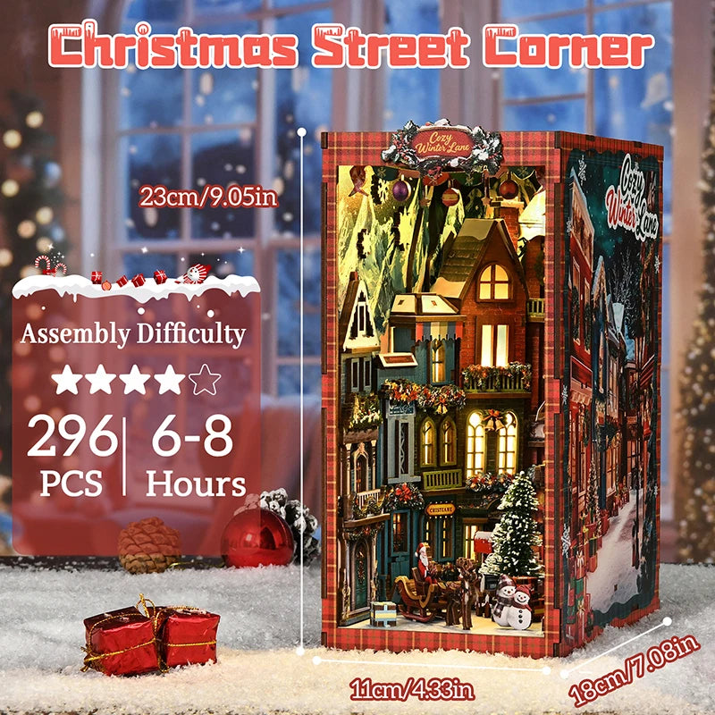 DIY Wooden Book Nook Kit – Christmas Street Corner Miniature Bookend with Light