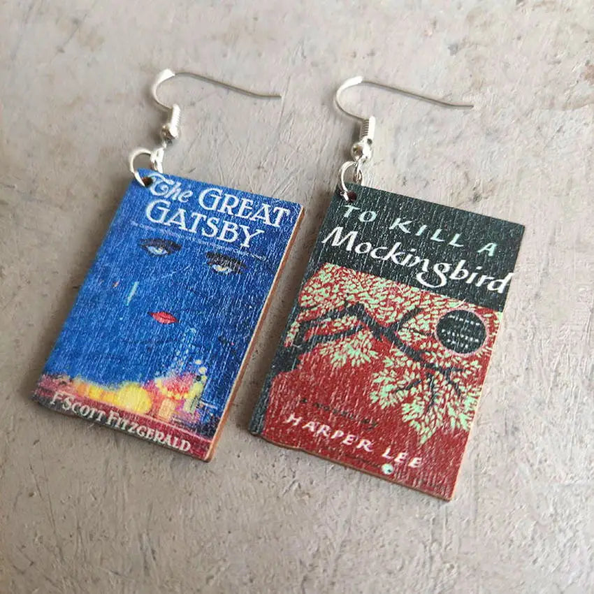 Horror Novel Book Earrings — Wooden Halloween Drop Earrings for Book Lovers & Spooky Style Fans