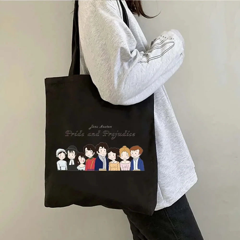 “More Pride, Less Prejudice” Canvas Tote — Jane Austen Cartoon Print