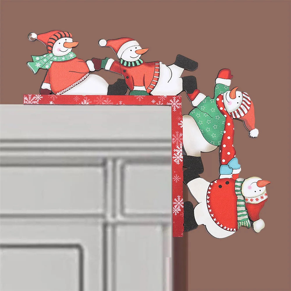 Christmas Wooden Corner Snowman Decoration — Cute Cartoon Snowmen for Shelves, Door Frames & Bookcases | Festive Wooden Ornament