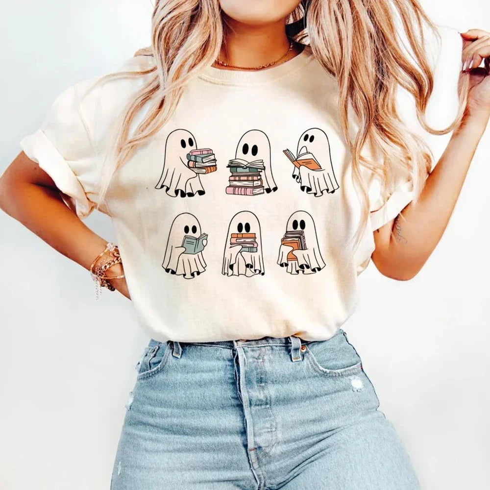 Retro “Reading Ghosts” T-Shirt — Six Spooky-Cute Panels