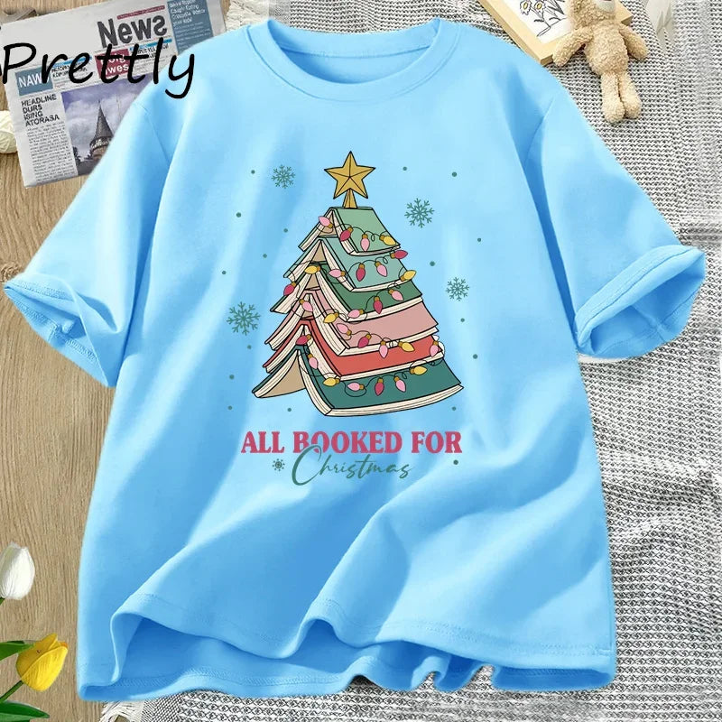 Book Tree Christmas T-Shirt — “All Booked for Christmas” Tee for Book Lovers, Librarians & Teachers | Festive Bookish Gift