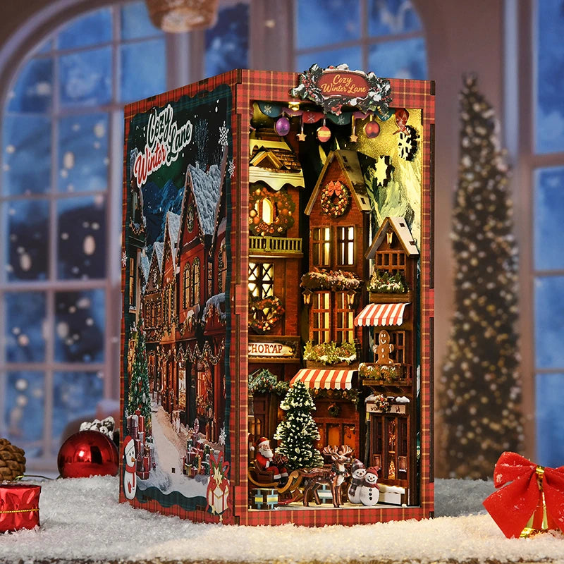 DIY Wooden Book Nook Kit – Christmas Street Corner Miniature Bookend with Light