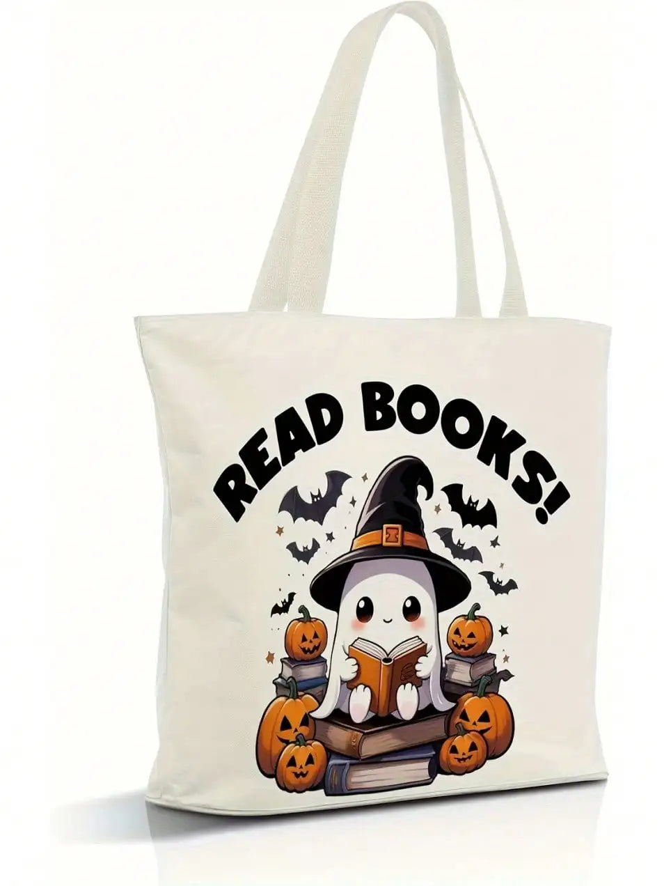 Halloween Reading Canvas Tote — Ghosts, Witches & Pumpkins