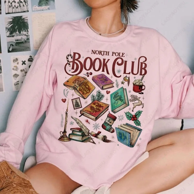 North Pole Book Club Christmas Sweatshirt, Cozy Holiday Gift for Readers & Book Lovers (Khaki, Pink, or Black)