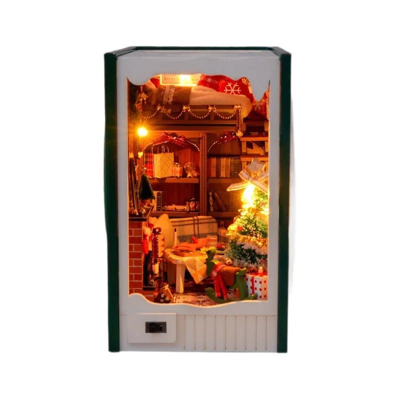 DIY Christmas Book Nook Cabin Kit — Miniature Wooden Bookshelf Insert with Touch Light | Festive Bookstand Craft & Decoration