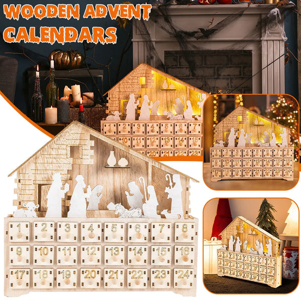 Light-Up Wooden Christmas Countdown Calendar — 24-Day Nativity/Alpine Scene Advent Box