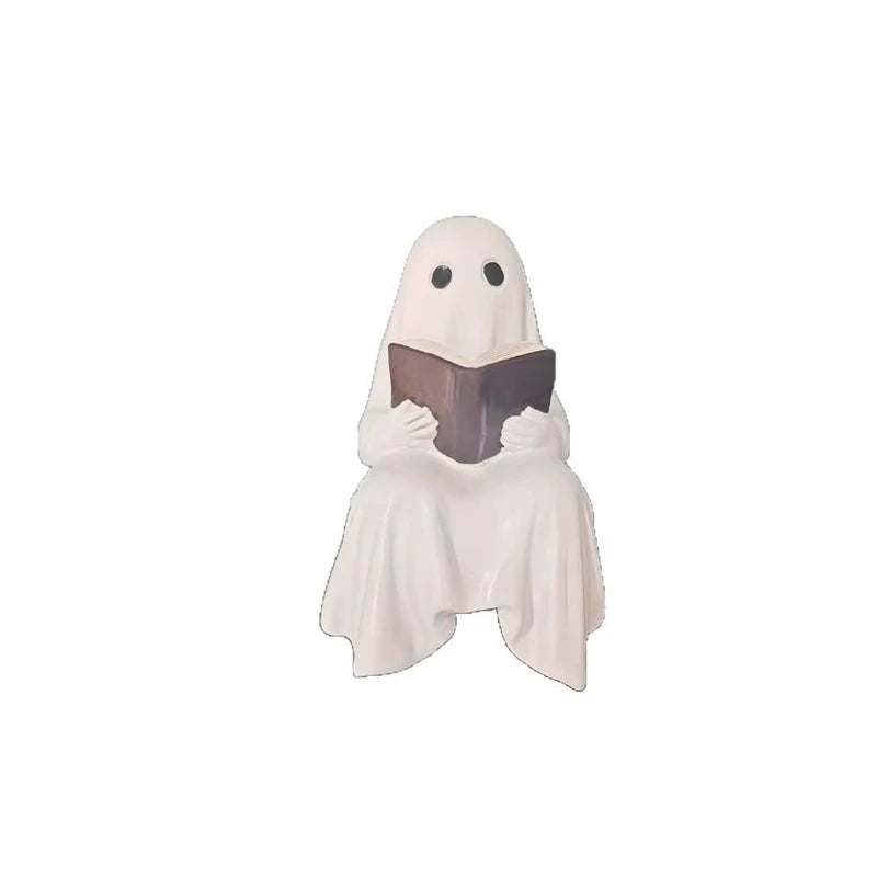 Reading Ghost Resin Statue — Spooky-Cute Literary Charm