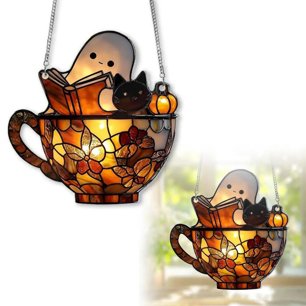 Halloween Reading Ghost Suncatcher — Acrylic Window Pendant