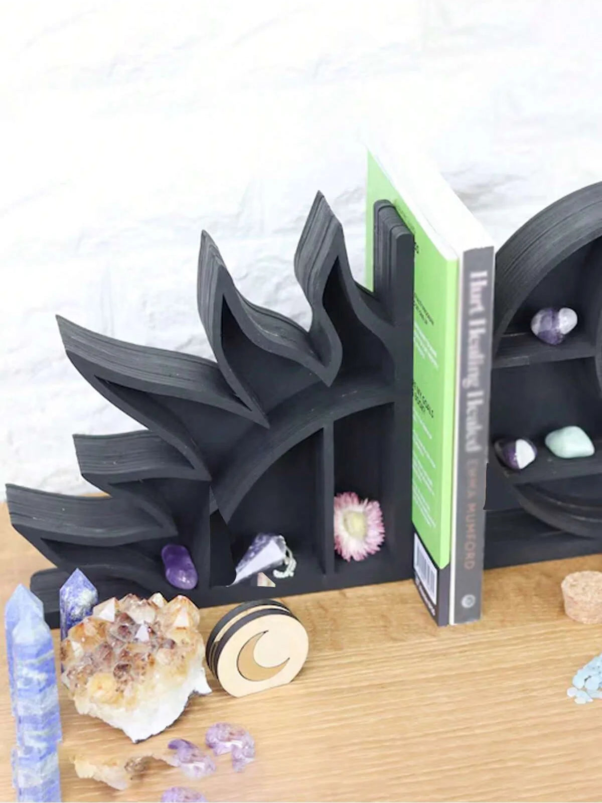 Crystal Shelf Bookends — Sun, Moon & Seed of Life Designs | Wooden Decorative Bookends with Mini Display Shelves for Crystals & Collectibles