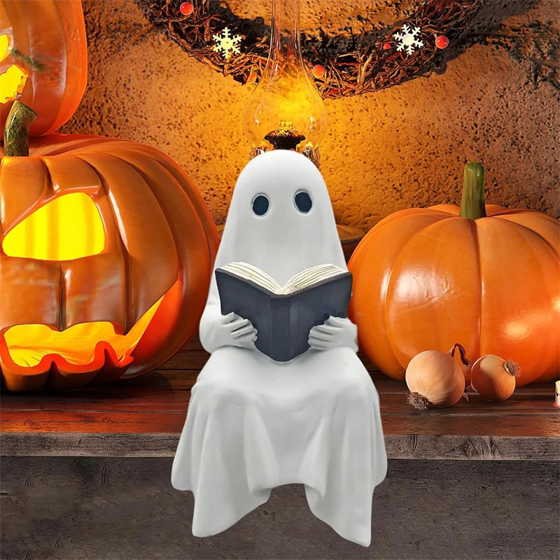 Reading Ghost Resin Statue — Spooky-Cute Literary Charm
