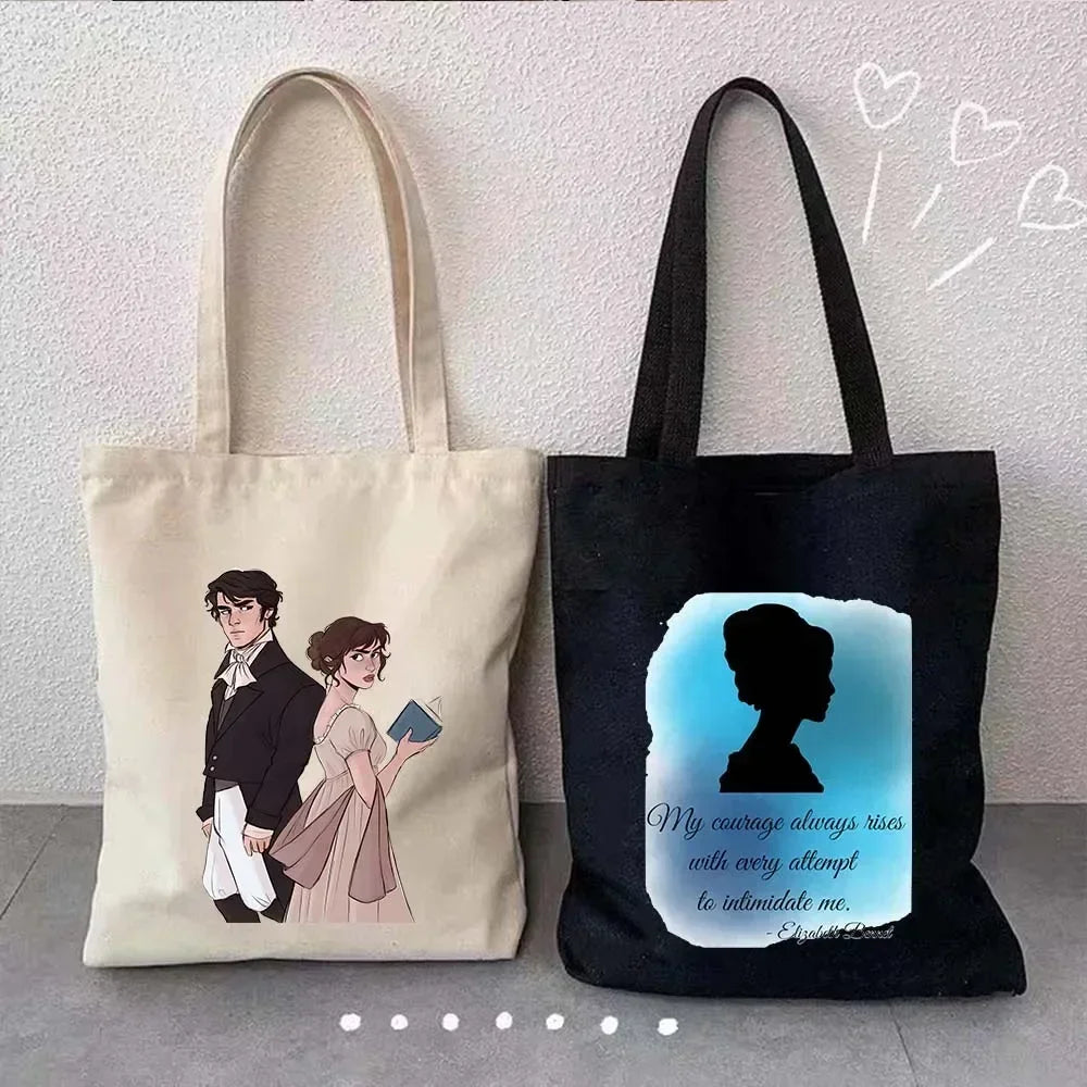 “More Pride, Less Prejudice” Canvas Tote — Jane Austen Cartoon Print