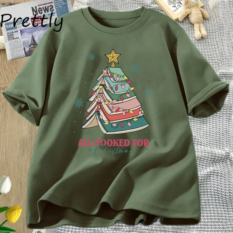 Book Tree Christmas T-Shirt — “All Booked for Christmas” Tee for Book Lovers, Librarians & Teachers | Festive Bookish Gift