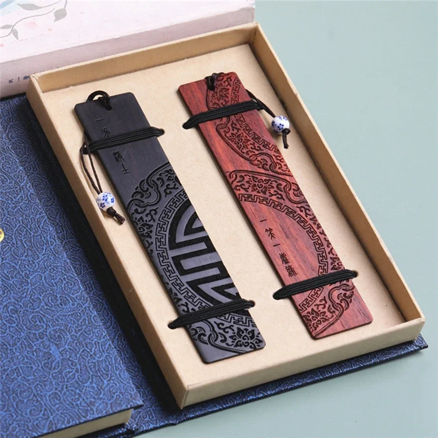 Chinese Sandalwood Wooden Bookmark Set — Red & Black Gift Pair