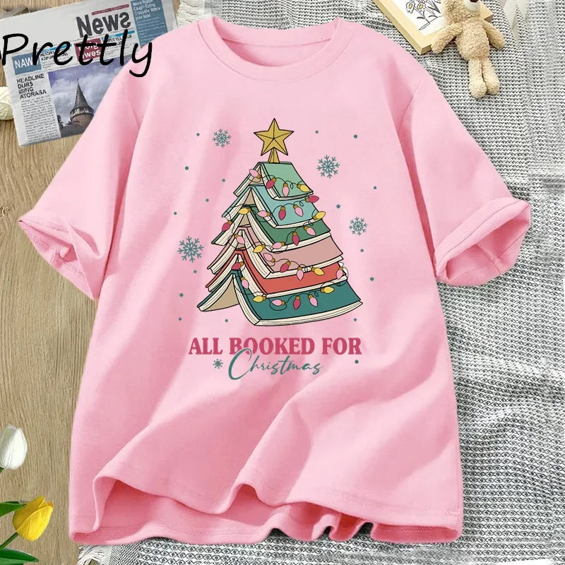 Book Tree Christmas T-Shirt — “All Booked for Christmas” Tee for Book Lovers, Librarians & Teachers | Festive Bookish Gift
