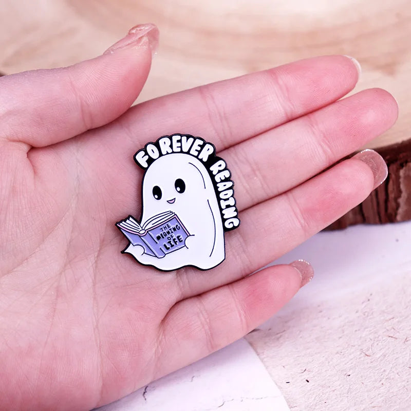 Ghost Reading Enamel Pin — Kawaii Book-Loving Spirit