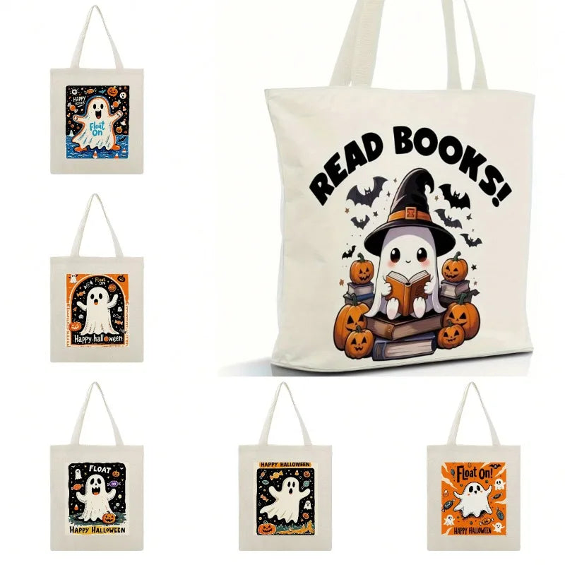 Halloween Reading Canvas Tote — Ghosts, Witches & Pumpkins
