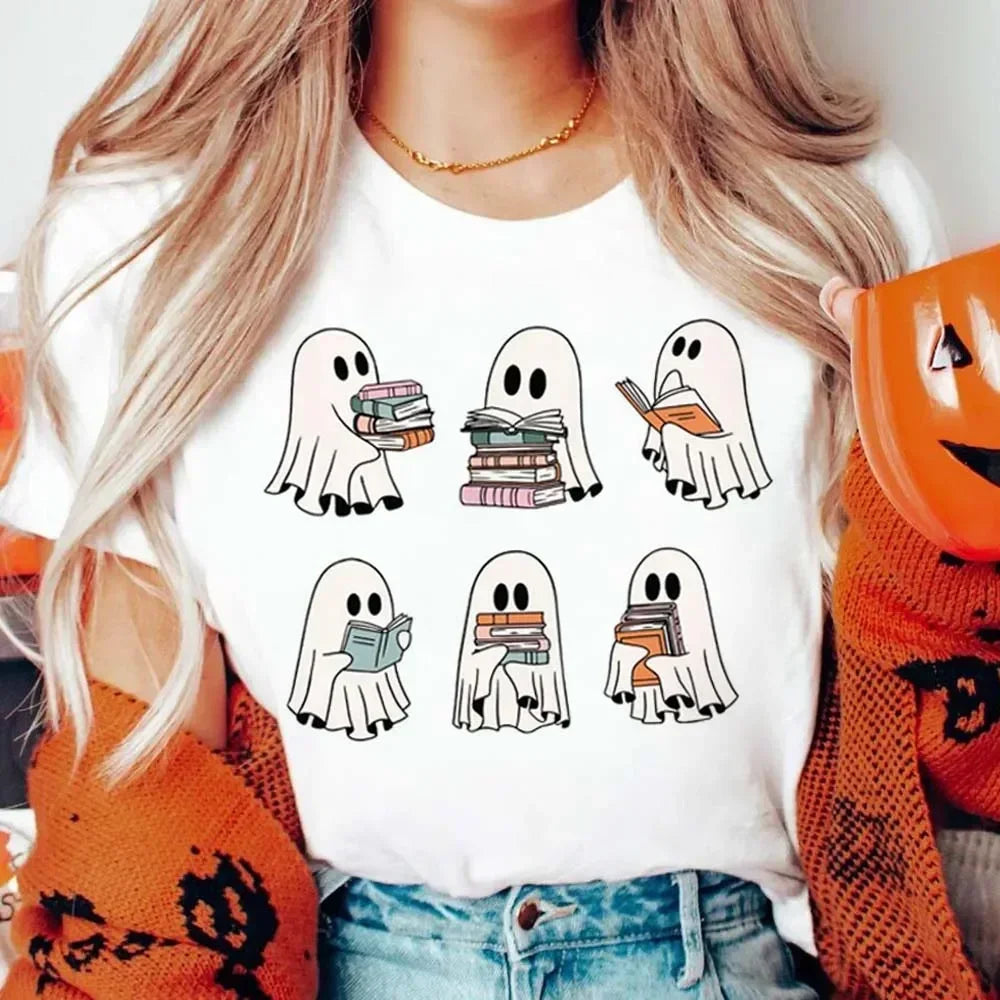 Retro “Reading Ghosts” T-Shirt — Six Spooky-Cute Panels