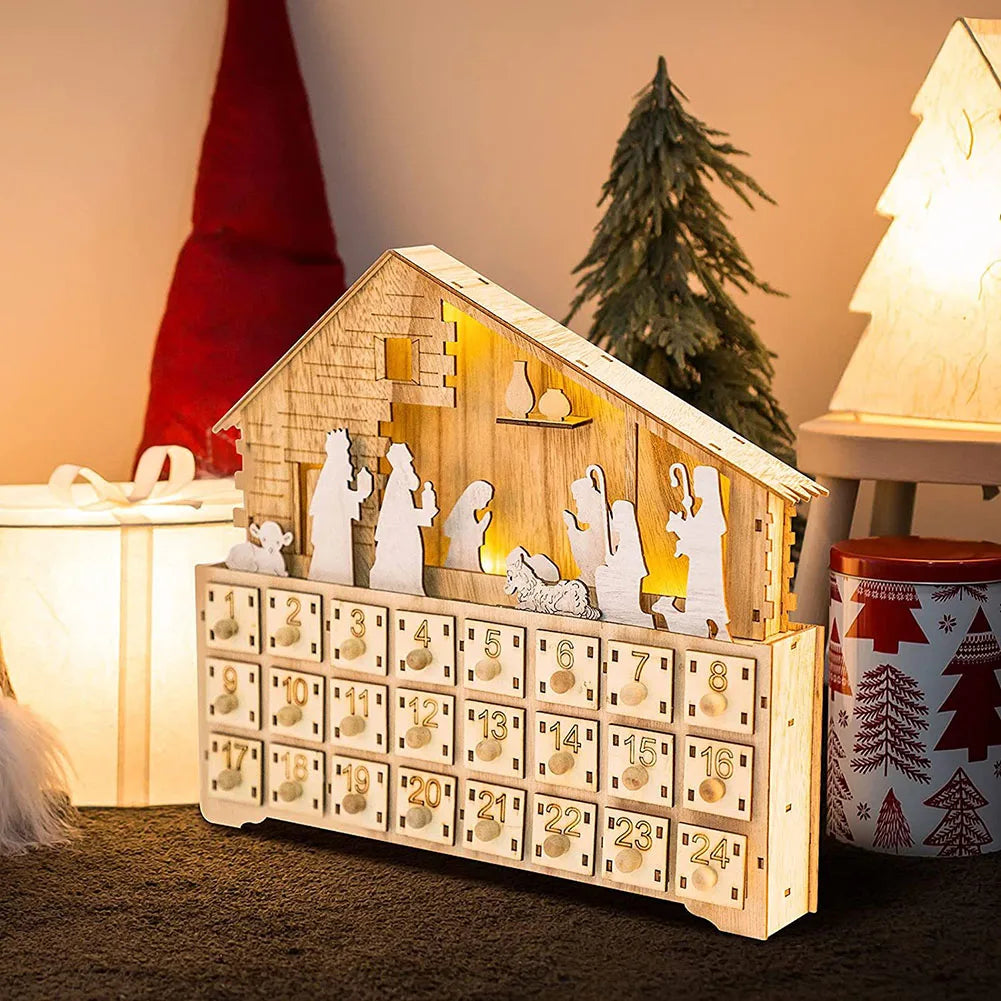 Light-Up Wooden Christmas Countdown Calendar — 24-Day Nativity/Alpine Scene Advent Box