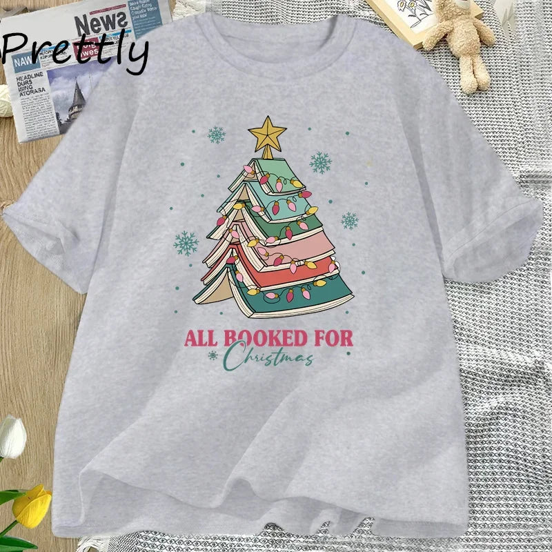 Book Tree Christmas T-Shirt — “All Booked for Christmas” Tee for Book Lovers, Librarians & Teachers | Festive Bookish Gift