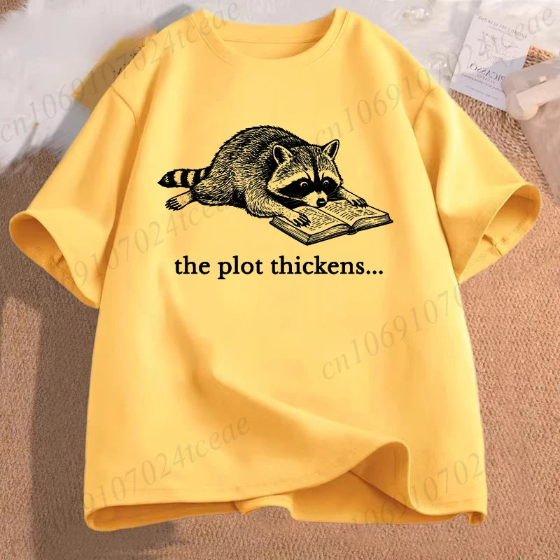The Plot Thickens — Funny Reading Raccoon Book Lover T-Shirt