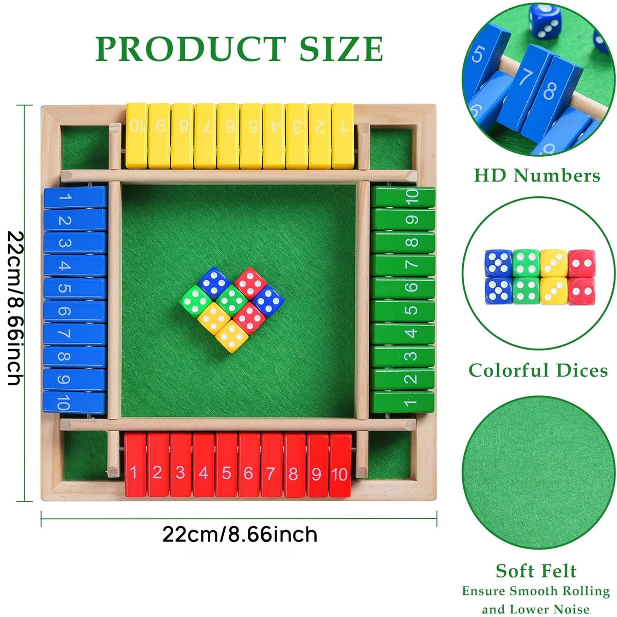 Shut the Box — Classic Wooden 4-Player Dice Game