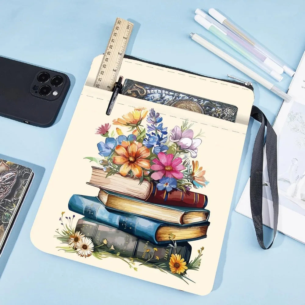 “Books & Blooms” Book Sleeve — Zipped, Washable, With Pocket