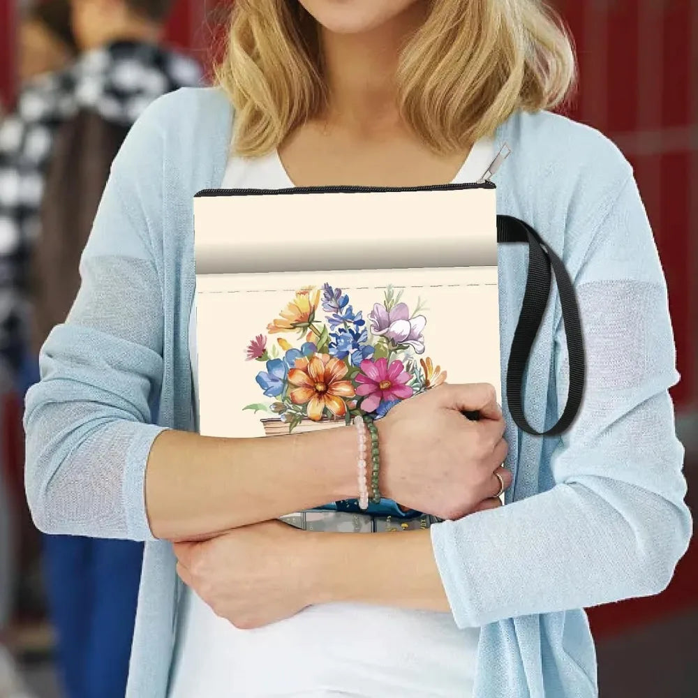 “Books & Blooms” Book Sleeve — Zipped, Washable, With Pocket