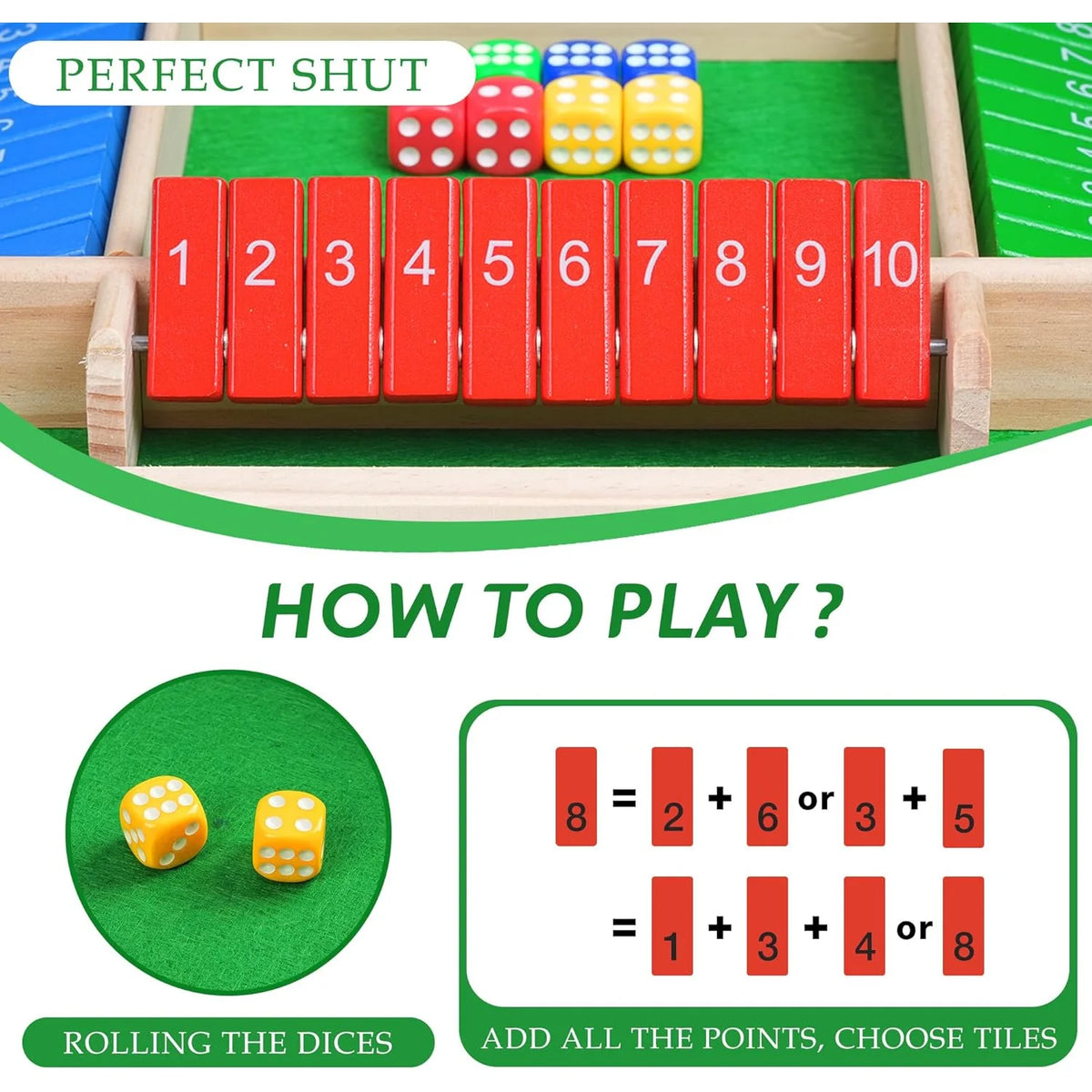 Shut the Box — Classic Wooden 4-Player Dice Game
