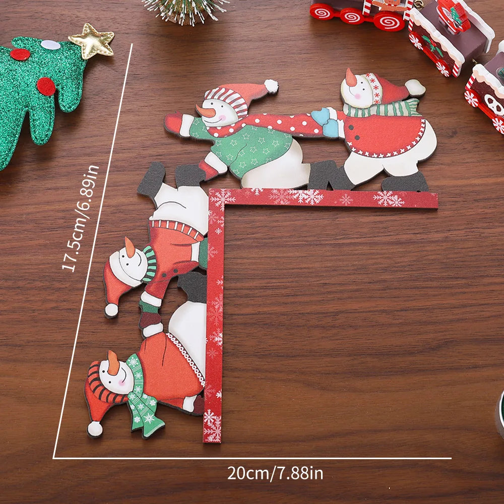 Christmas Wooden Corner Snowman Decoration — Cute Cartoon Snowmen for Shelves, Door Frames & Bookcases | Festive Wooden Ornament