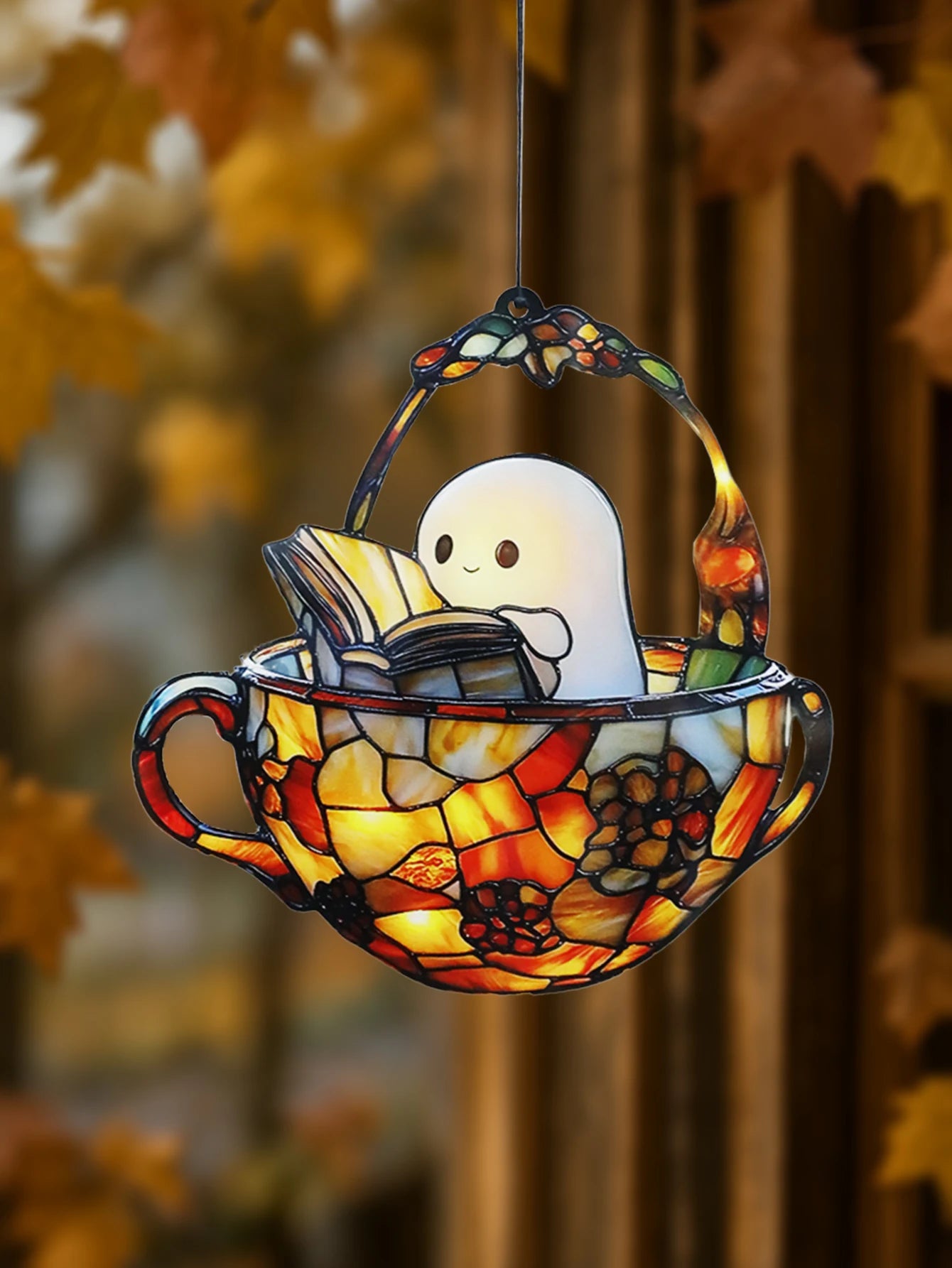 Halloween Reading Ghost Teacup Suncatcher — Cute Window Ornament