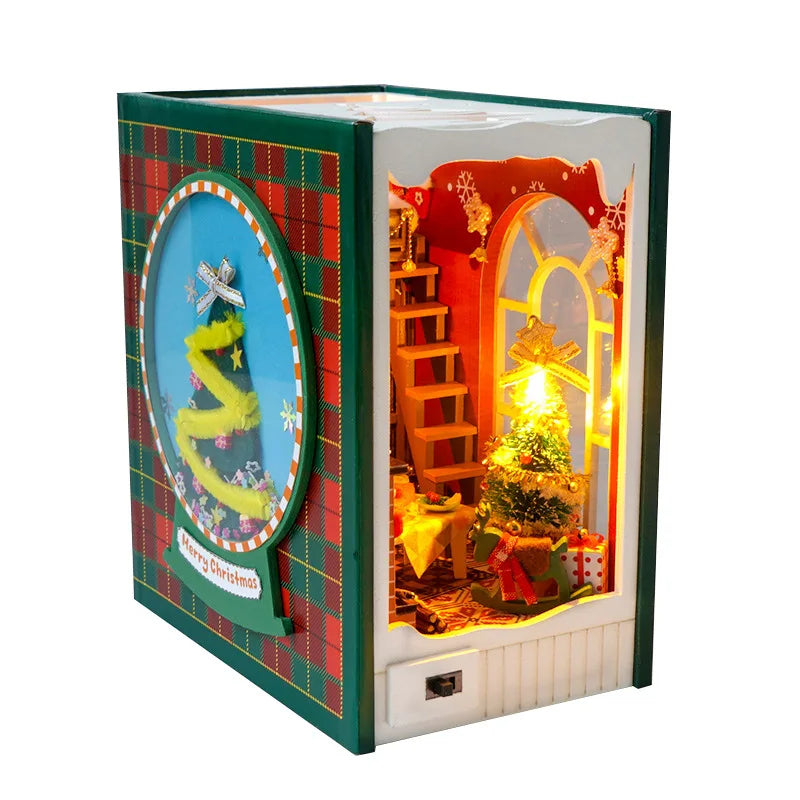 DIY Christmas Book Nook Cabin Kit — Miniature Wooden Bookshelf Insert with Touch Light | Festive Bookstand Craft & Decoration