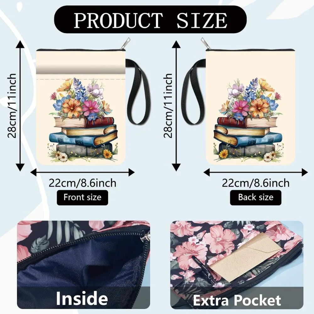 “Books & Blooms” Book Sleeve — Zipped, Washable, With Pocket