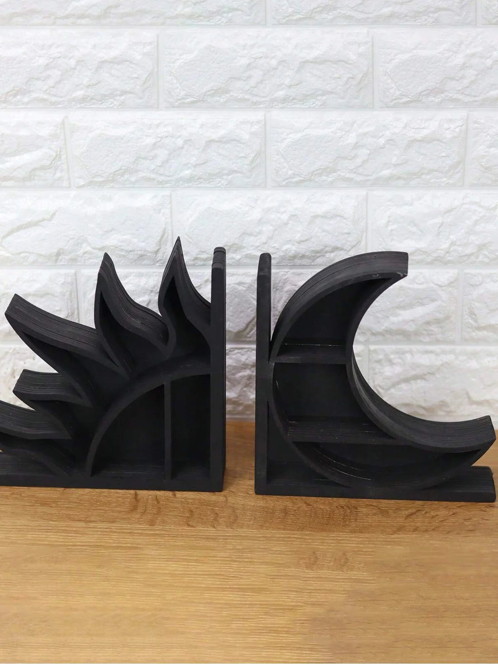 Crystal Shelf Bookends — Sun, Moon & Seed of Life Designs | Wooden Decorative Bookends with Mini Display Shelves for Crystals & Collectibles