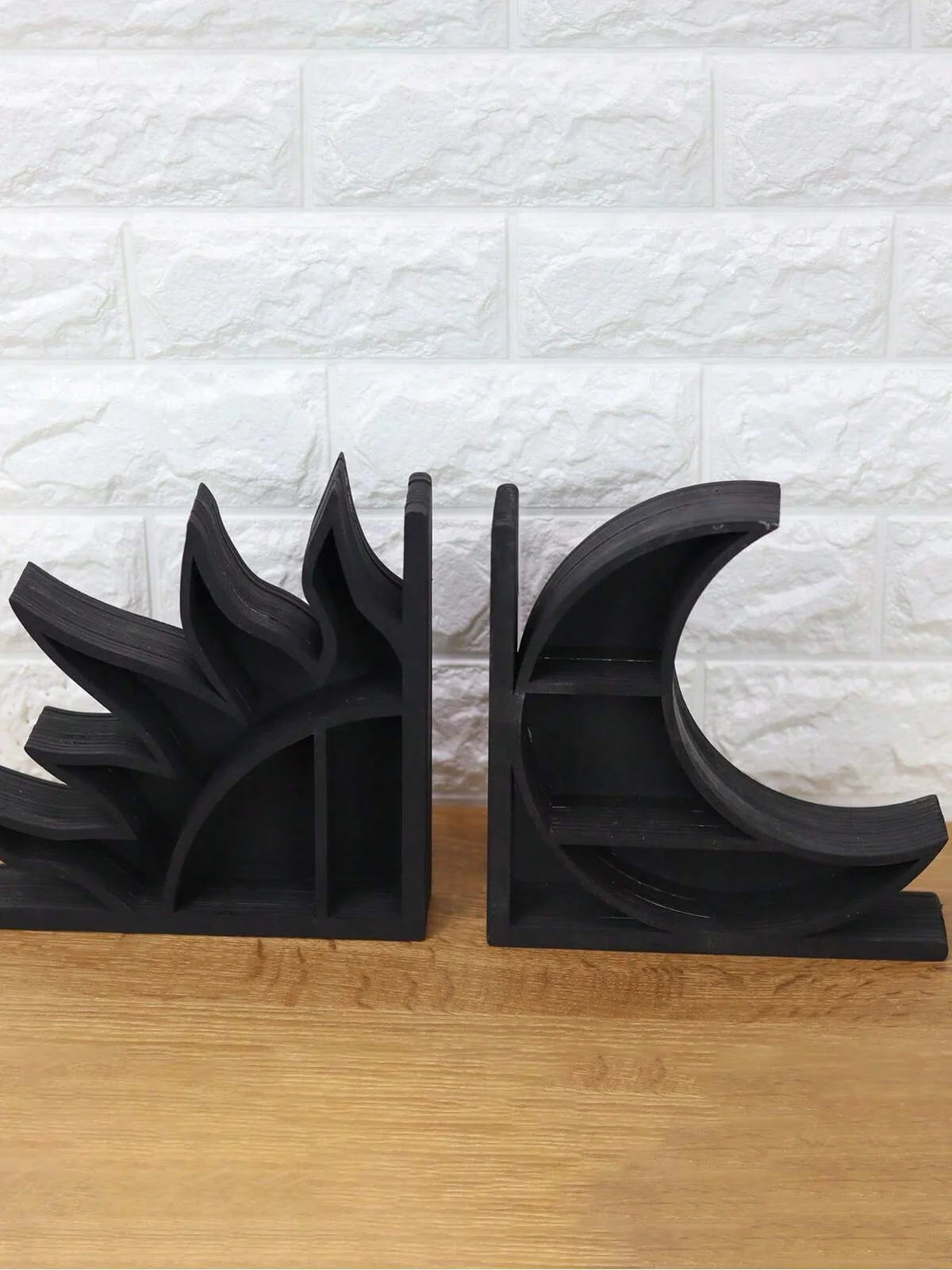 Crystal Shelf Bookends — Sun, Moon & Seed of Life Designs | Wooden Decorative Bookends with Mini Display Shelves for Crystals & Collectibles