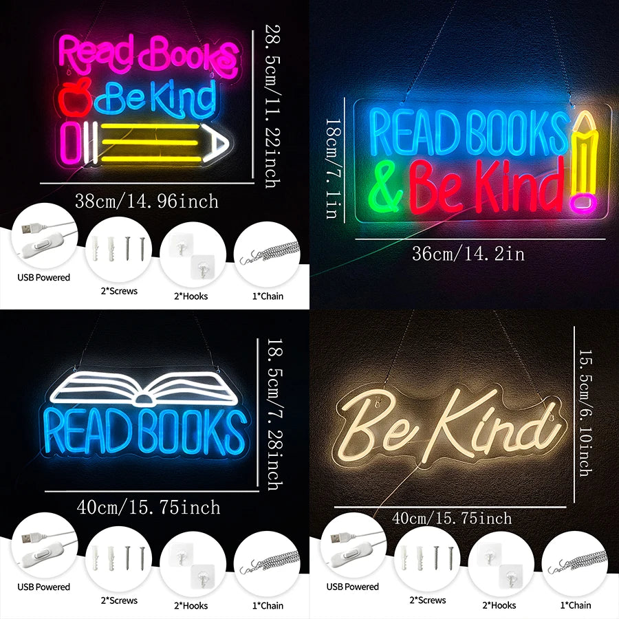 Read Books and Be Kind Neon Sign for Wall Decor, Led Signs for Bedroom Reading Room Classroom Book Party Library Decor Gifts