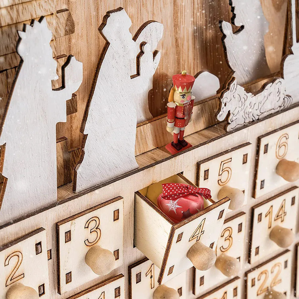 Light-Up Wooden Christmas Countdown Calendar — 24-Day Nativity/Alpine Scene Advent Box