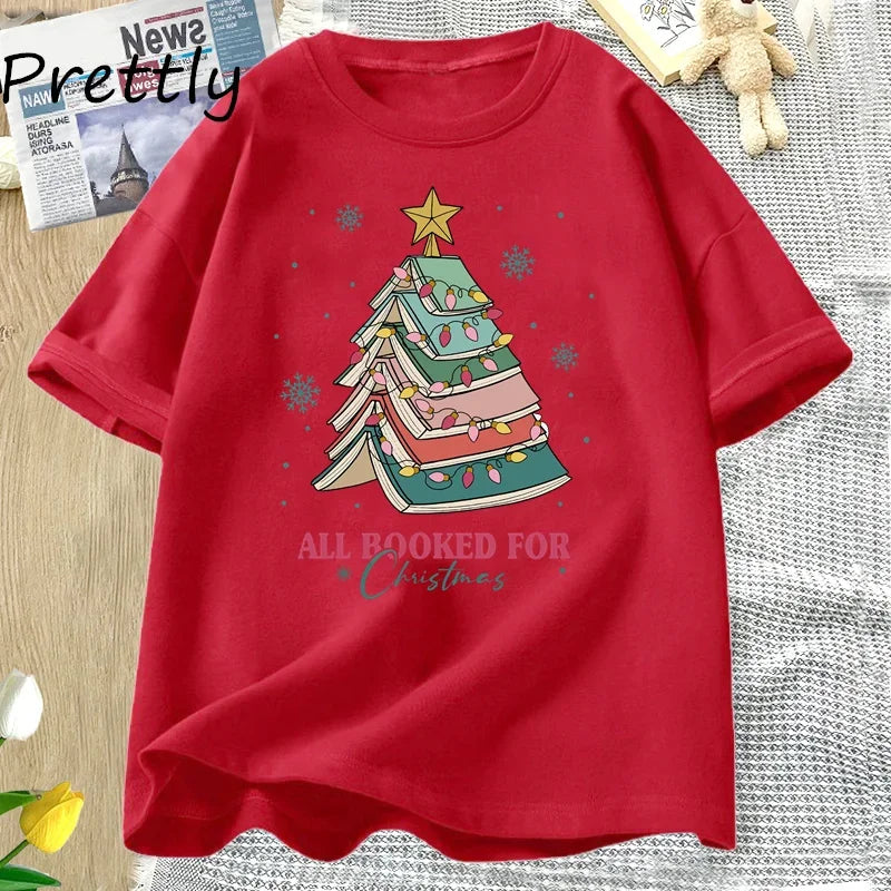 Book Tree Christmas T-Shirt — “All Booked for Christmas” Tee for Book Lovers, Librarians & Teachers | Festive Bookish Gift