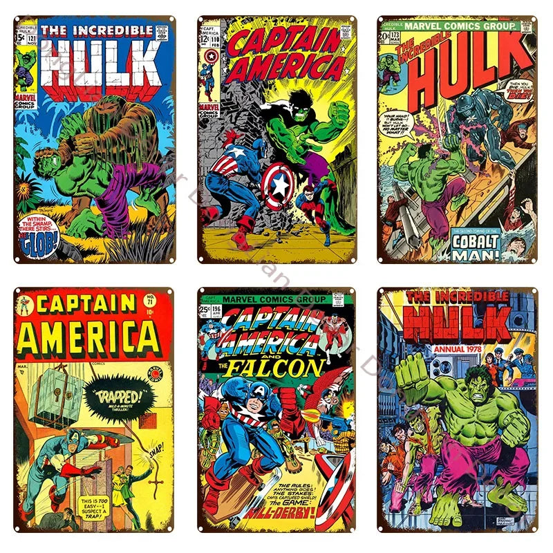 Vintage Comic-Style Metal Sign — Hulk/Captain America/Thor/Luke Cage/Iron Man